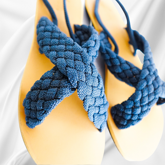 Blue Woven Criss Cross Plain Straw Open Toe Slingback Sandals